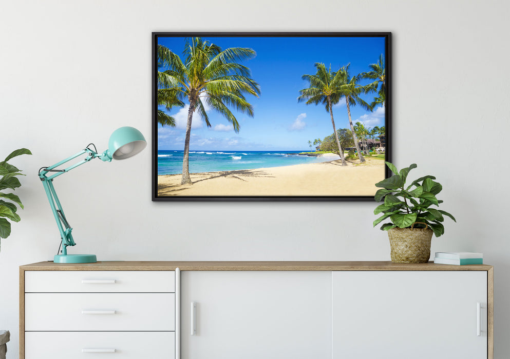 Wunderschöner Strand mit Palmen auf Leinwandbild gerahmt verschiedene Größen im Wohnzimmer