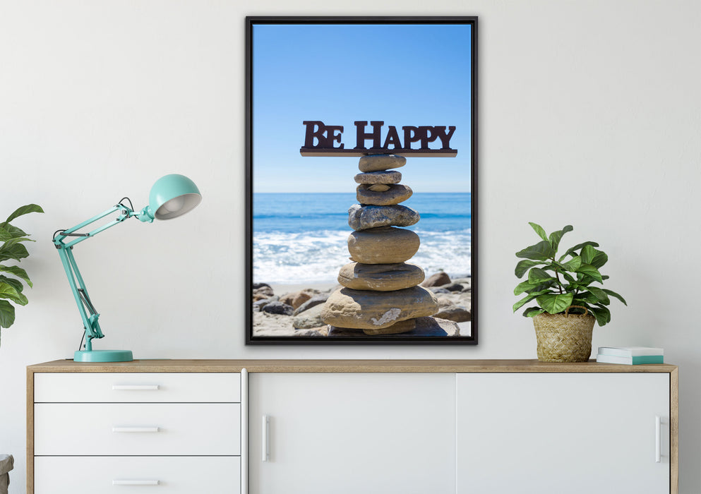 Steinturm am Strand auf Leinwandbild gerahmt verschiedene Größen im Wohnzimmer