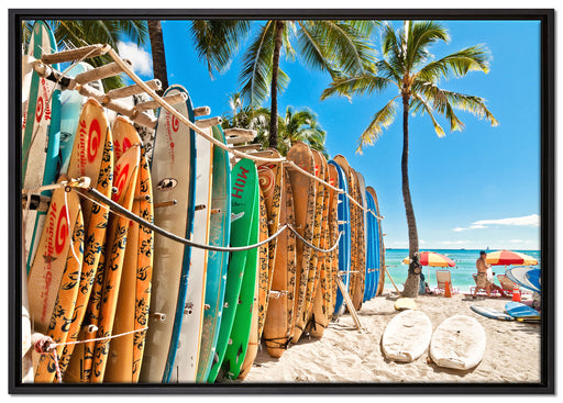 Surfboards am Strand auf Leinwandbild gerahmt Größe 100x70