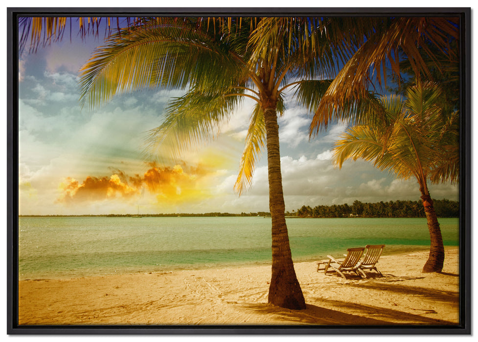 Liegestühle Strand Urlaub auf Leinwandbild gerahmt Größe 100x70