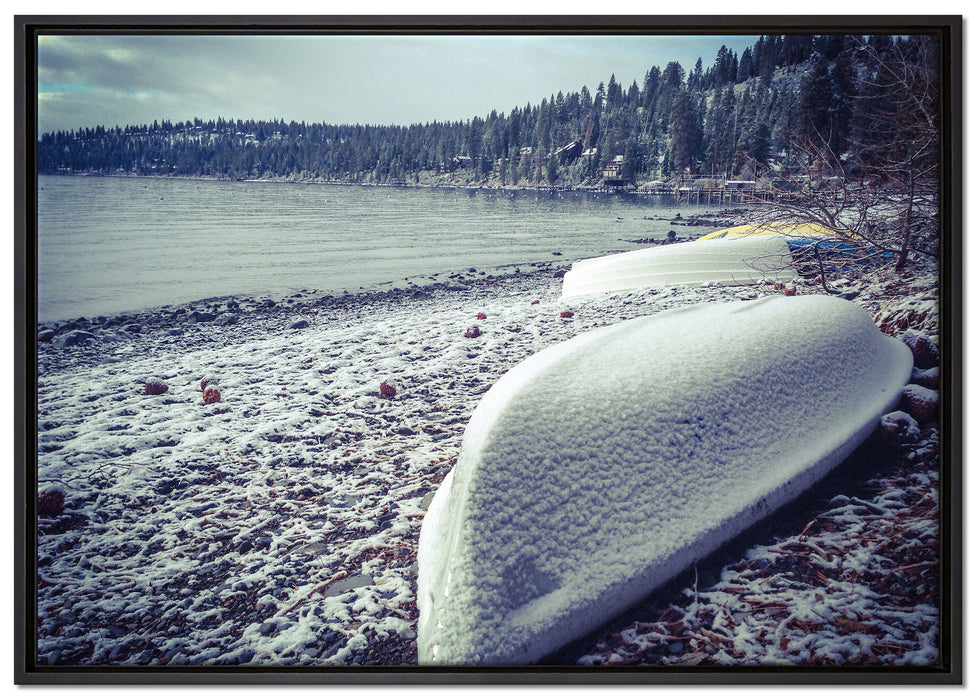 Boote im Winter auf Leinwandbild gerahmt Größe 100x70