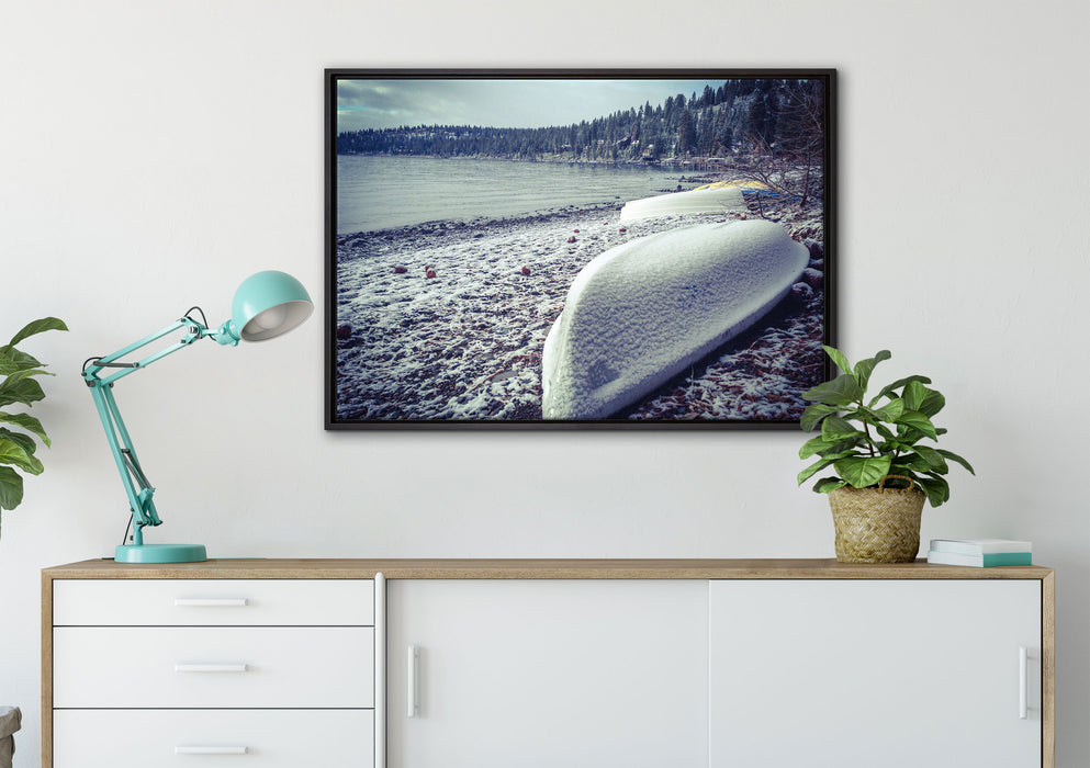 Boote im Winter auf Leinwandbild gerahmt verschiedene Größen im Wohnzimmer