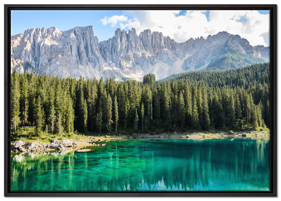 Wunderschöner klarer Bergsee auf Leinwandbild gerahmt Größe 100x70