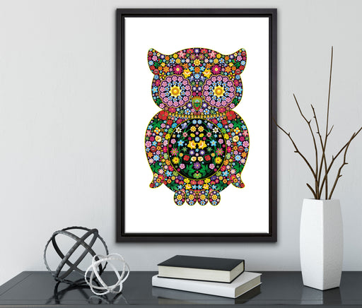 Eule aus Blumen Ornamenten auf Leinwandbild gerahmt mit Kirschblüten