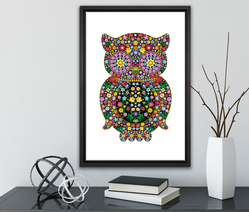 Eule aus Blumen Ornamenten auf Leinwandbild gerahmt mit Kirschblüten