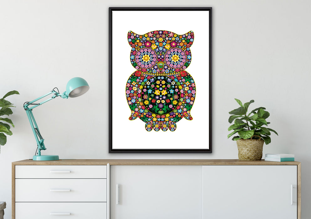 Eule aus Blumen Ornamenten auf Leinwandbild gerahmt verschiedene Größen im Wohnzimmer