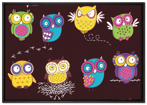 Verrückte Eulen für Kinder auf Leinwandbild gerahmt Größe 100x70