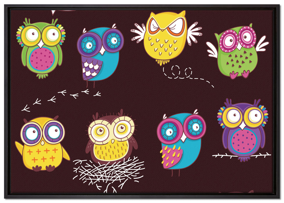 Verrückte Eulen für Kinder auf Leinwandbild gerahmt Größe 100x70