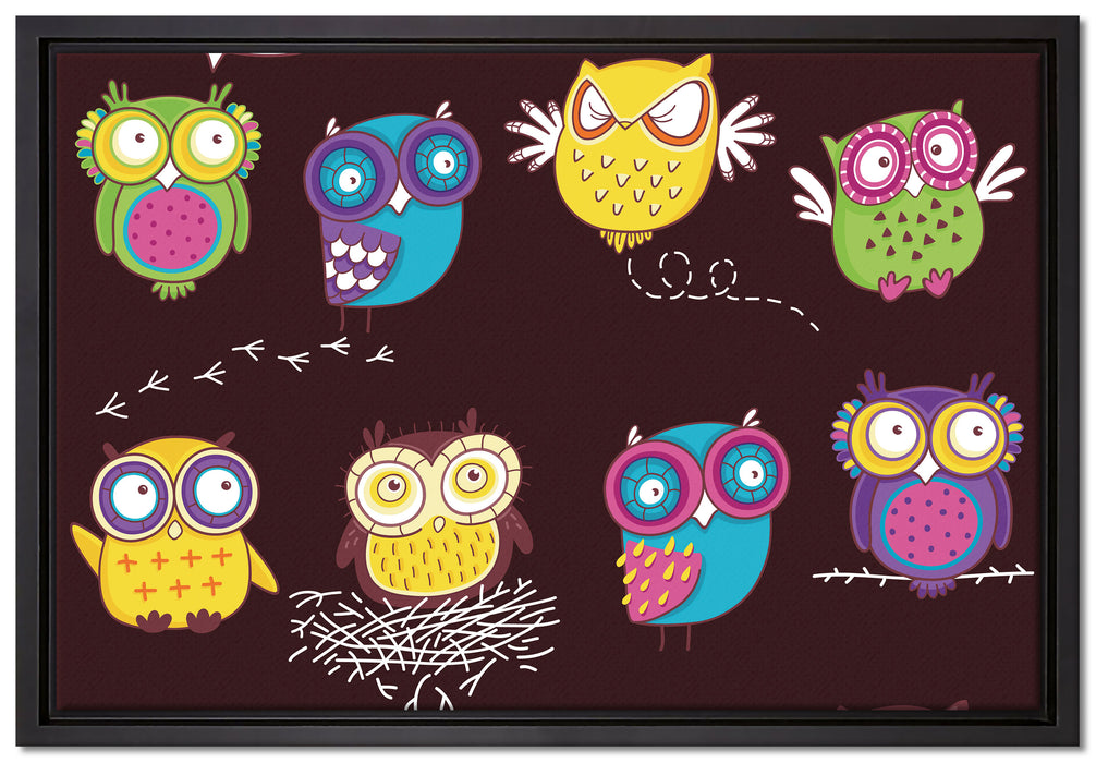Verrückte Eulen für Kinder auf Leinwandbild gerahmt Größe 60x40