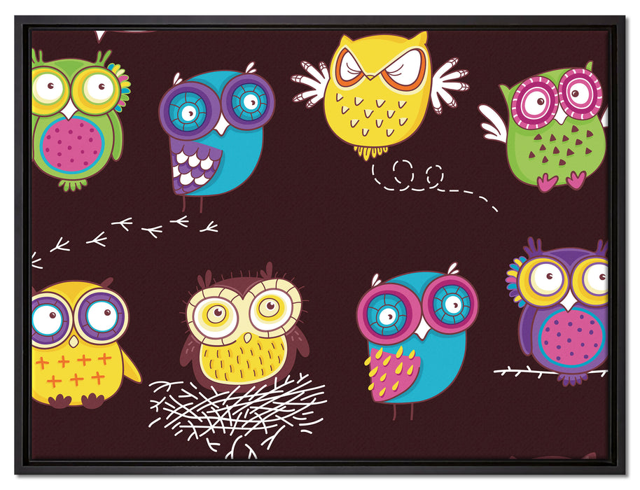 Verrückte Eulen für Kinder auf Leinwandbild gerahmt Größe 80x60