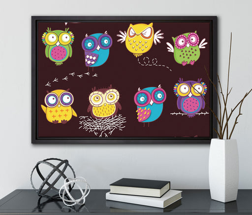 Verrückte Eulen für Kinder auf Leinwandbild gerahmt mit Kirschblüten
