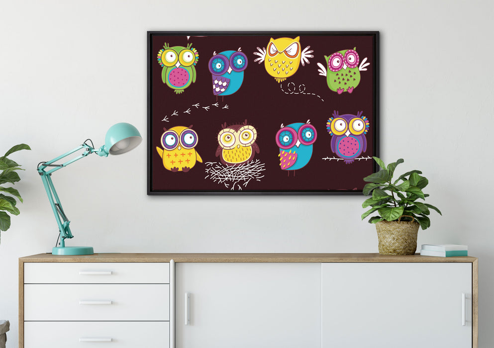 Verrückte Eulen für Kinder auf Leinwandbild gerahmt verschiedene Größen im Wohnzimmer
