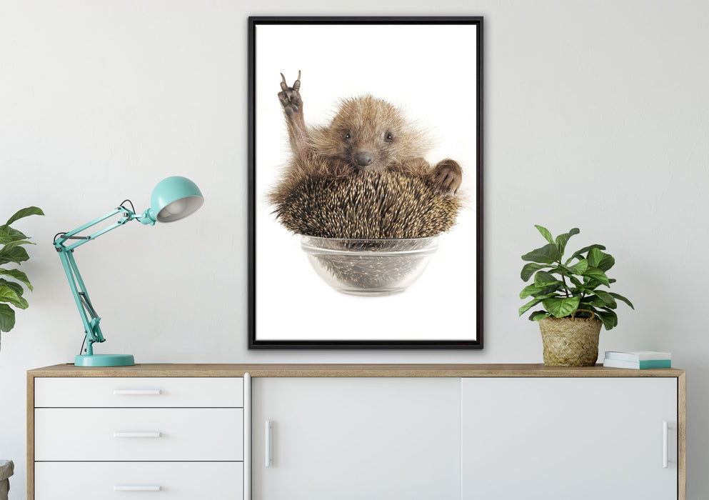Igel in einer Schüssel Peace auf Leinwandbild gerahmt verschiedene Größen im Wohnzimmer
