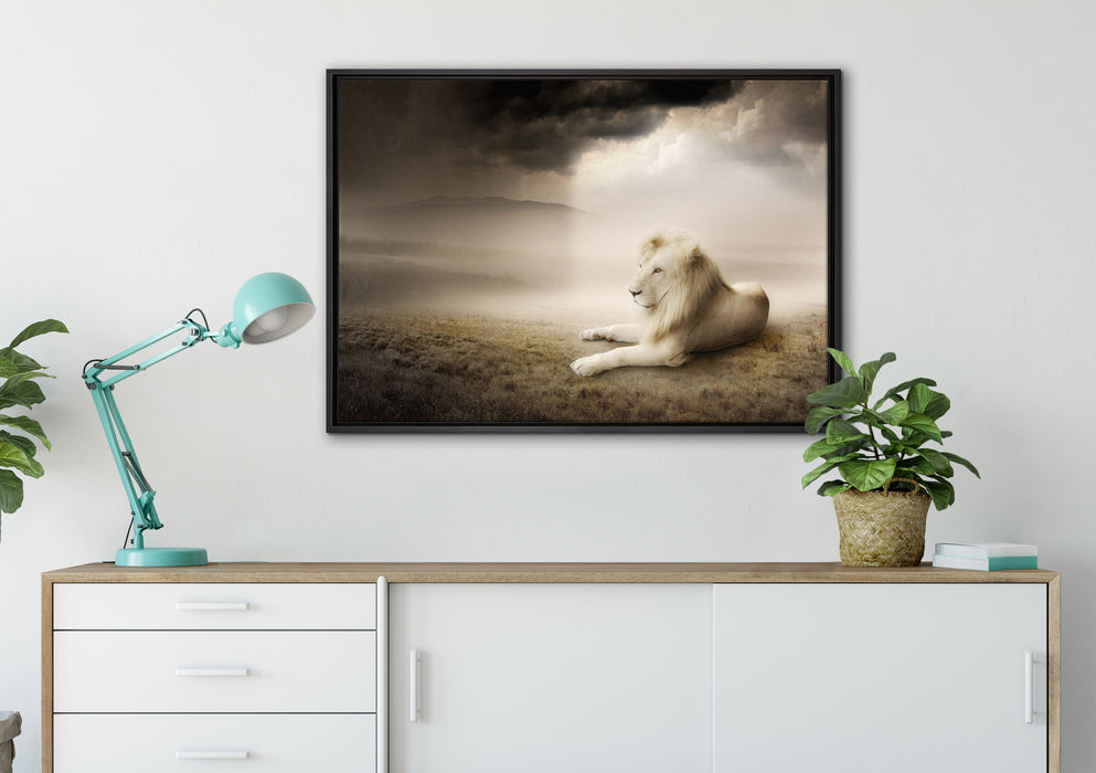 Stolzer weißer Löwenkönig auf Leinwandbild gerahmt verschiedene Größen im Wohnzimmer