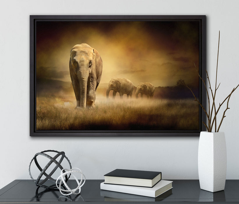 Prächtiger Elefanten in Steppe auf Leinwandbild gerahmt mit Kirschblüten