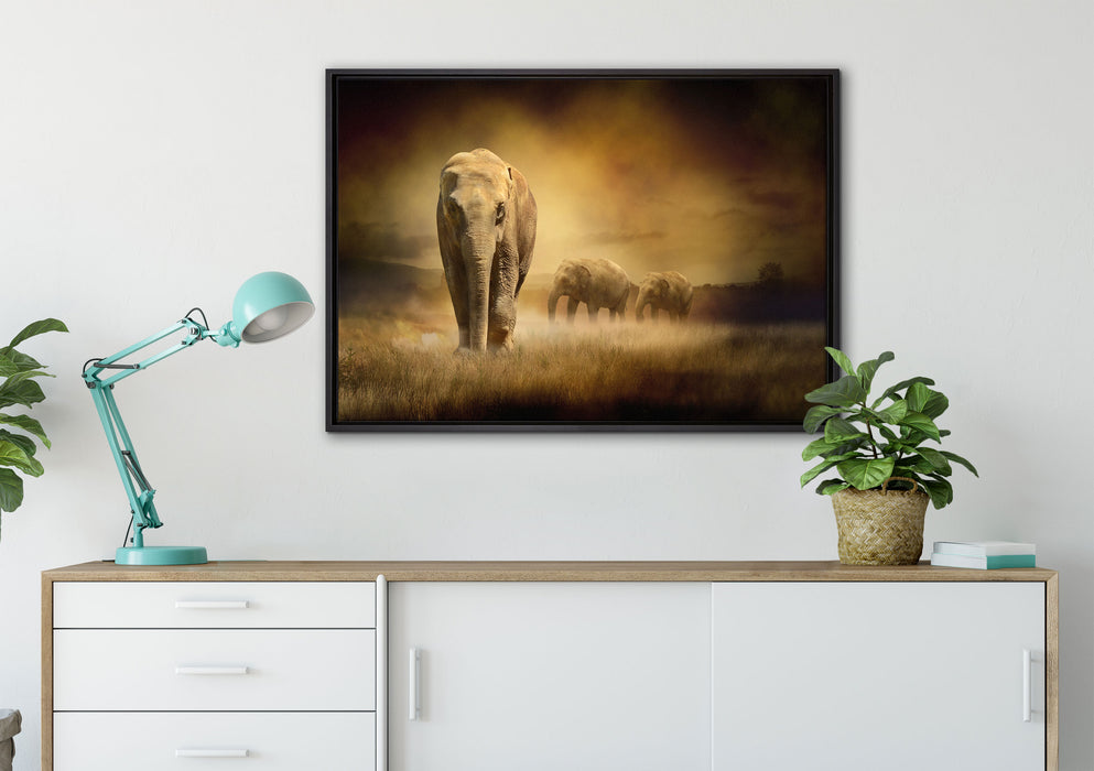 Prächtiger Elefanten in Steppe auf Leinwandbild gerahmt verschiedene Größen im Wohnzimmer