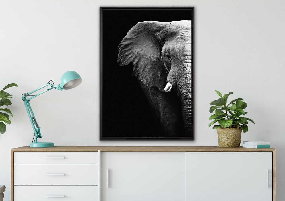 Elefant Porträt auf Leinwandbild gerahmt verschiedene Größen im Wohnzimmer