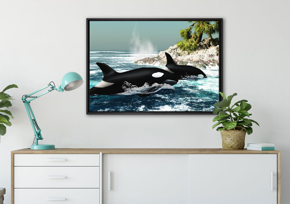 Orcas vor Insel auf Leinwandbild gerahmt verschiedene Größen im Wohnzimmer