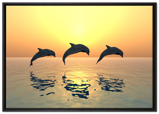Delfine im Sonnenuntergang auf Leinwandbild gerahmt Größe 100x70