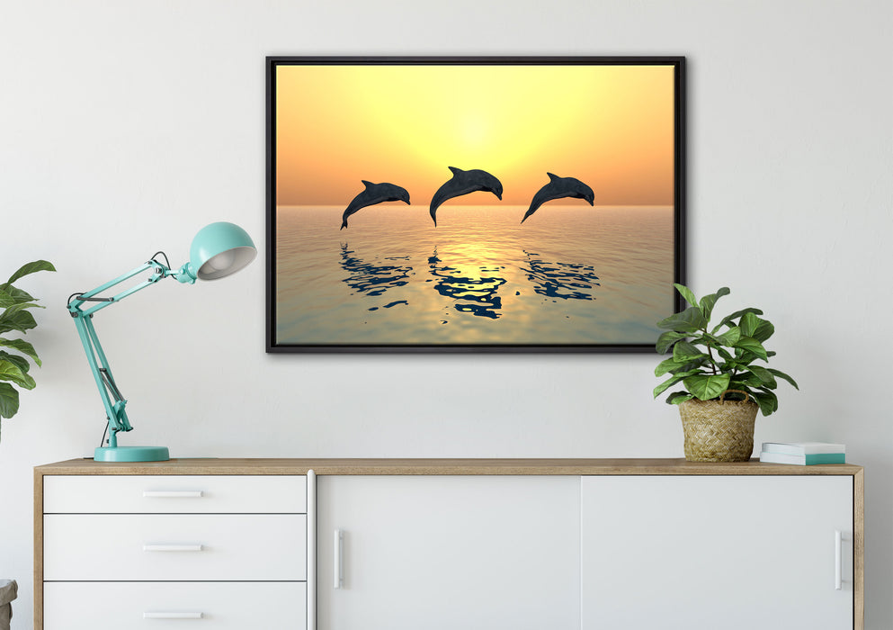 Delfine im Sonnenuntergang auf Leinwandbild gerahmt verschiedene Größen im Wohnzimmer