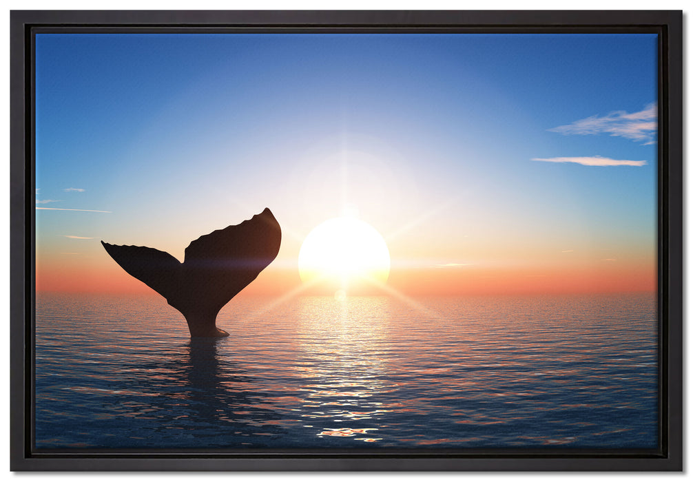 Walflosse im Sonnenuntergang auf Leinwandbild gerahmt Größe 60x40