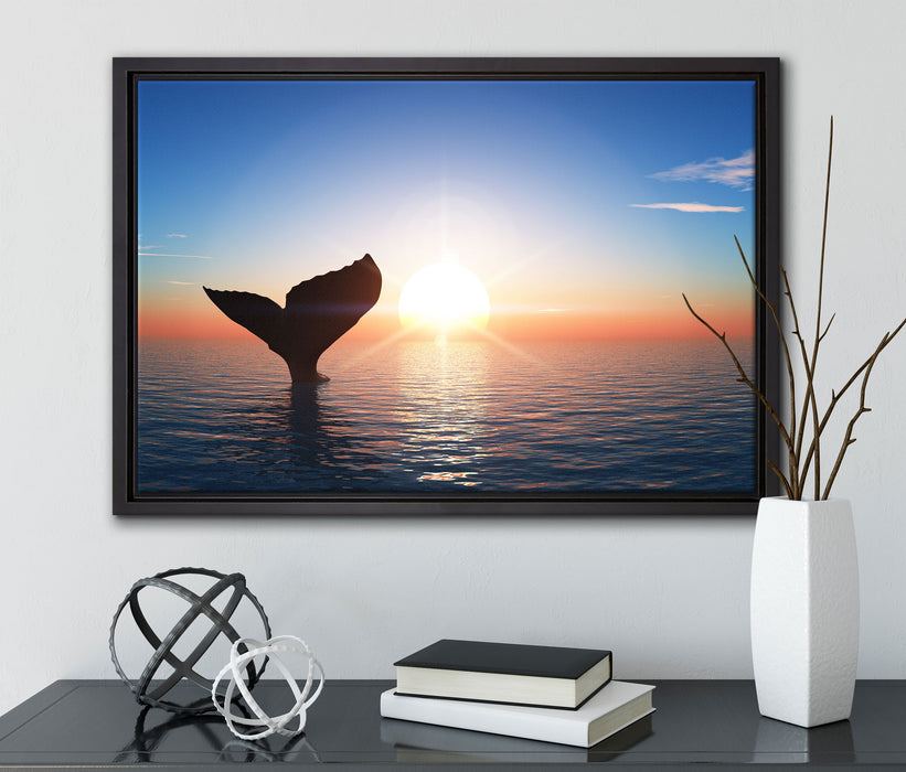 Walflosse im Sonnenuntergang auf Leinwandbild gerahmt mit Kirschblüten