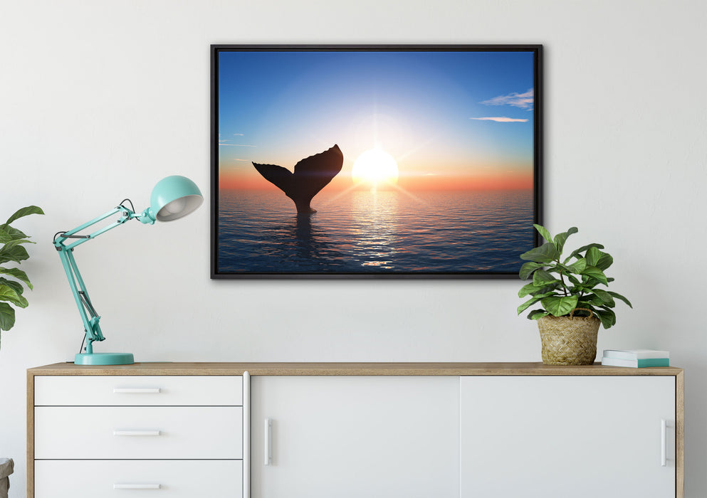 Walflosse im Sonnenuntergang auf Leinwandbild gerahmt verschiedene Größen im Wohnzimmer