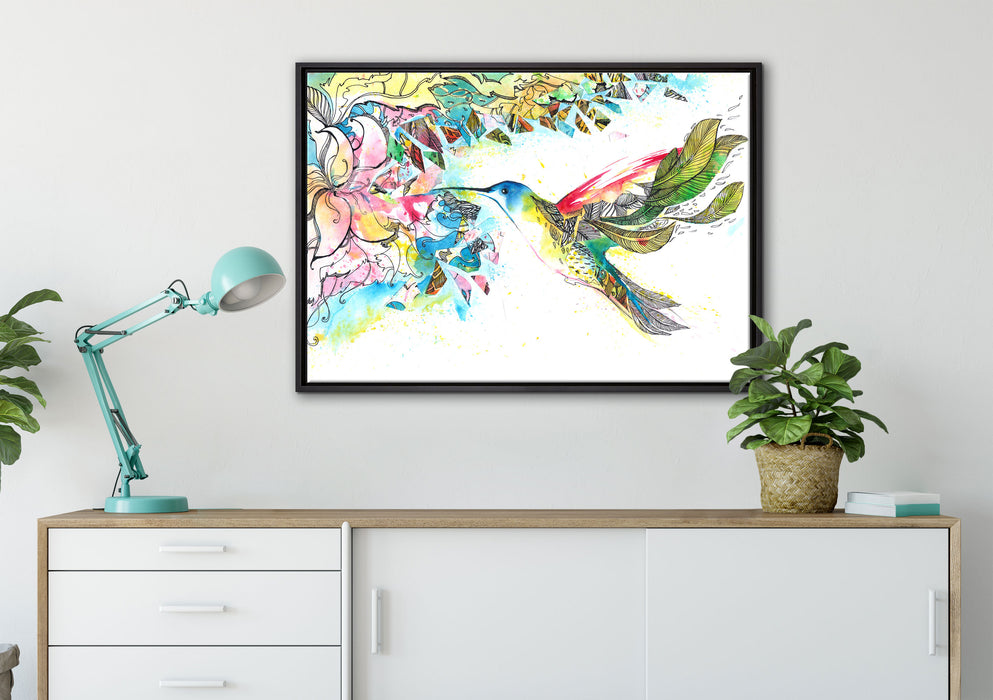 Kolibri Kunst auf Leinwandbild gerahmt verschiedene Größen im Wohnzimmer