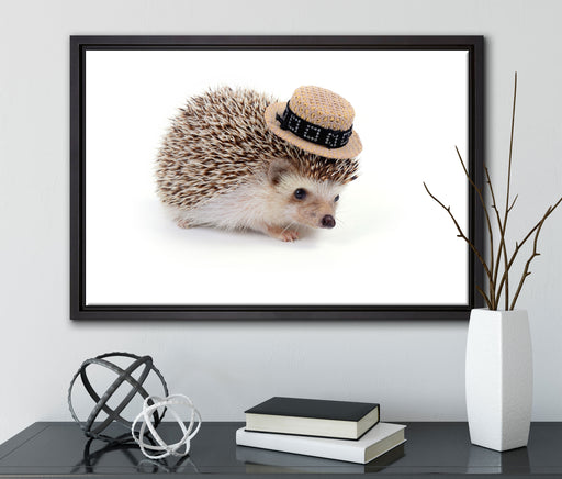 Lustiger Igel mit Hut auf Leinwandbild gerahmt mit Kirschblüten