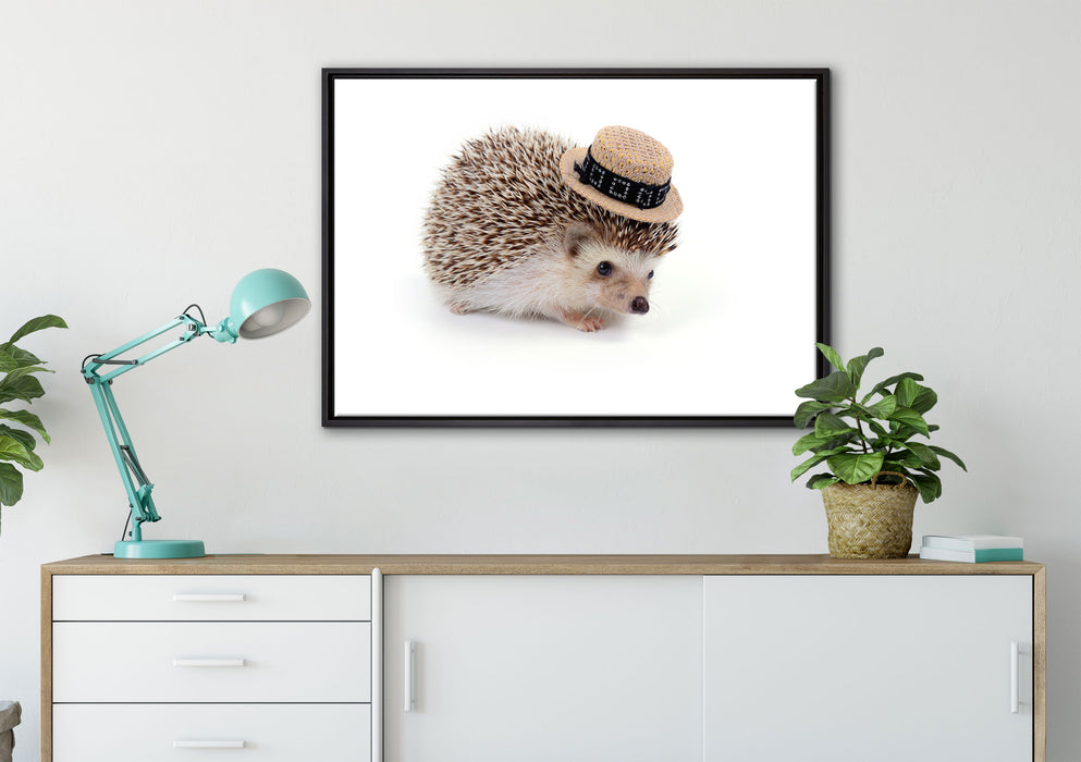 Lustiger Igel mit Hut auf Leinwandbild gerahmt verschiedene Größen im Wohnzimmer