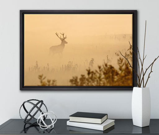 Hirsch im Nebel auf Leinwandbild gerahmt mit Kirschblüten