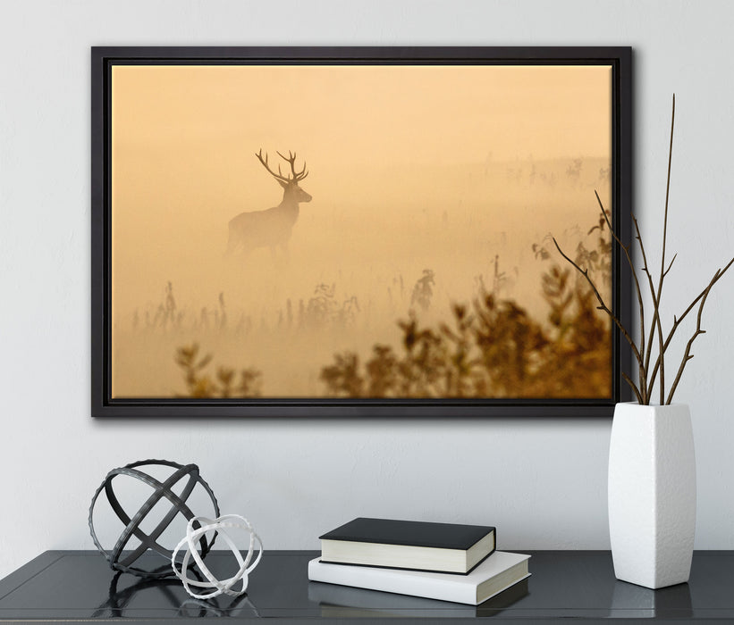 Hirsch im Nebel auf Leinwandbild gerahmt mit Kirschblüten