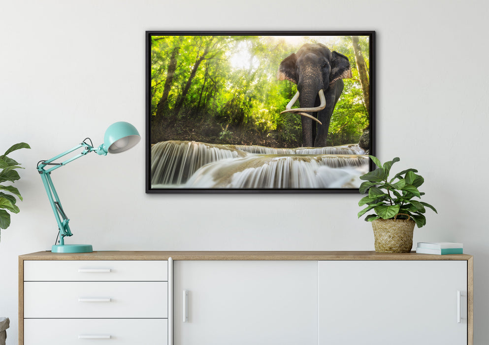 Elefant am Bach auf Leinwandbild gerahmt verschiedene Größen im Wohnzimmer