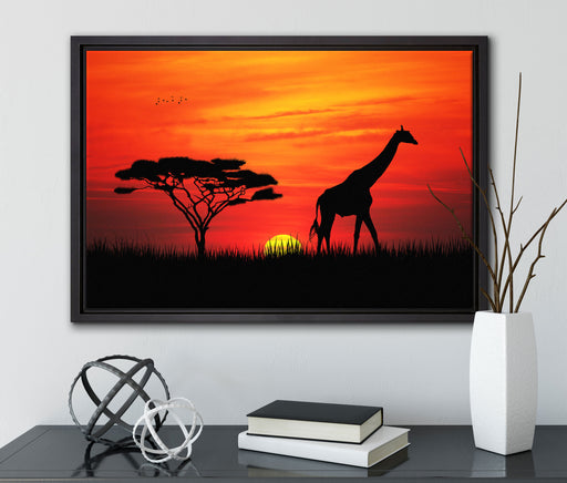 Giraffe im Sonnenuntergang auf Leinwandbild gerahmt mit Kirschblüten