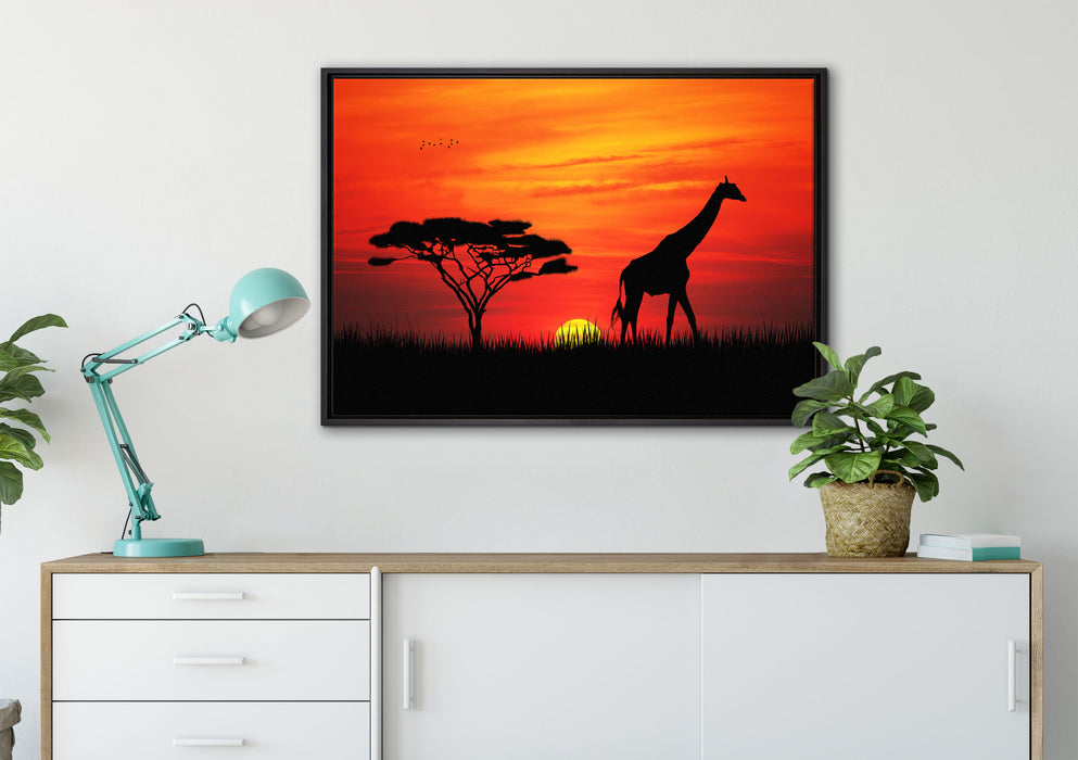 Giraffe im Sonnenuntergang auf Leinwandbild gerahmt verschiedene Größen im Wohnzimmer