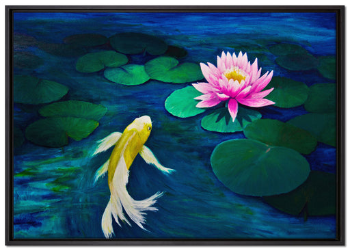 Koi mit Seerose Kunst auf Leinwandbild gerahmt Größe 100x70