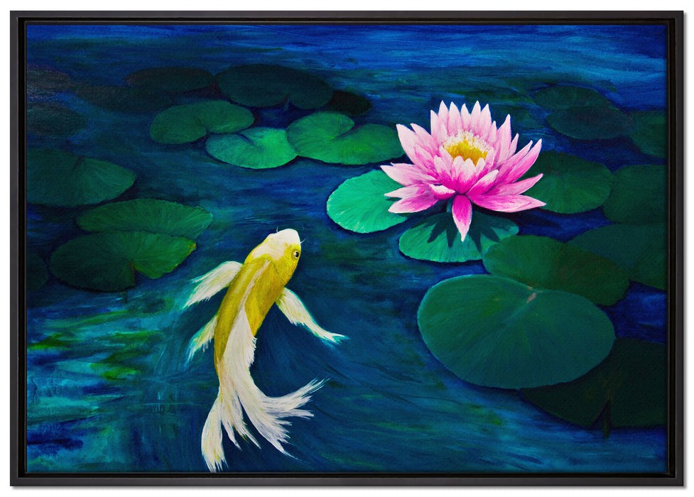 Koi mit Seerose Kunst auf Leinwandbild gerahmt Größe 100x70