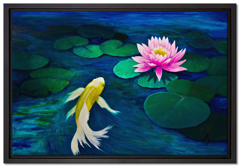 Koi mit Seerose Kunst auf Leinwandbild gerahmt Größe 60x40