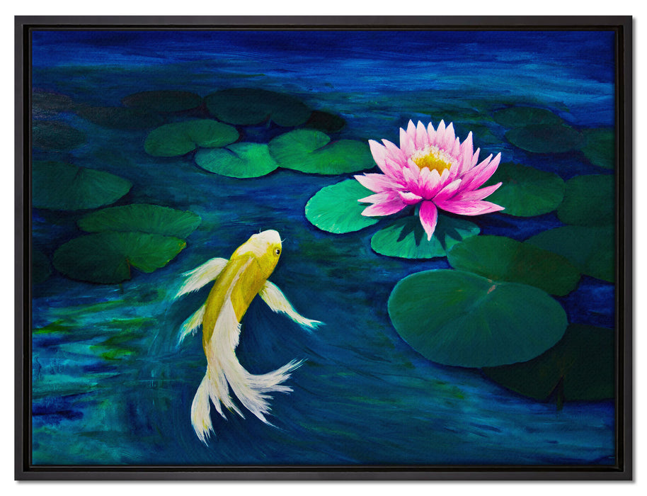 Koi mit Seerose Kunst auf Leinwandbild gerahmt Größe 80x60