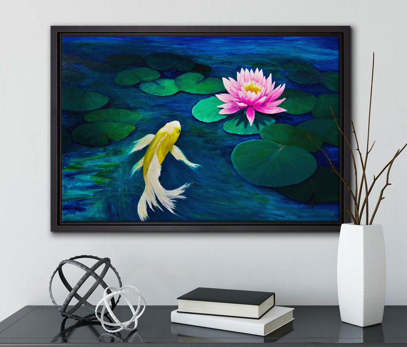 Koi mit Seerose Kunst auf Leinwandbild gerahmt mit Kirschblüten