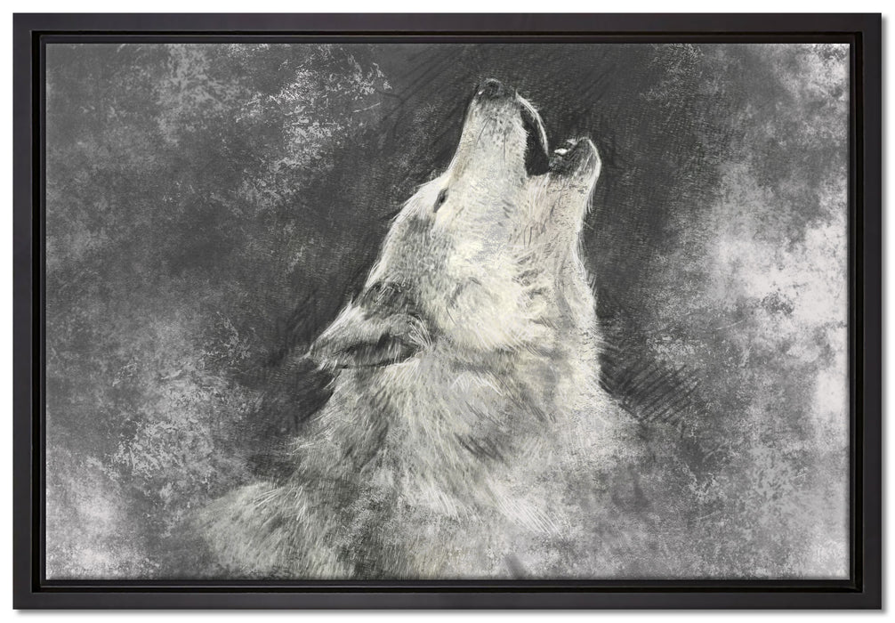 Heulender Wolf Kunst auf Leinwandbild gerahmt Größe 60x40