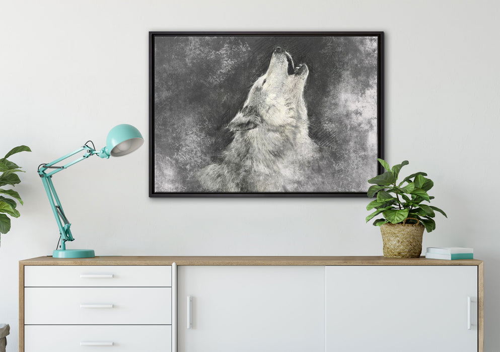Heulender Wolf Kunst auf Leinwandbild gerahmt verschiedene Größen im Wohnzimmer