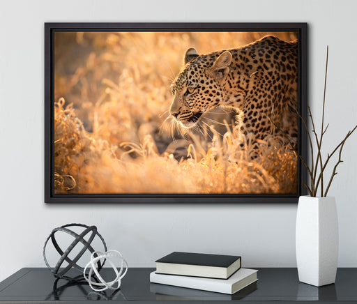 Jagender Leopard auf Leinwandbild gerahmt mit Kirschblüten