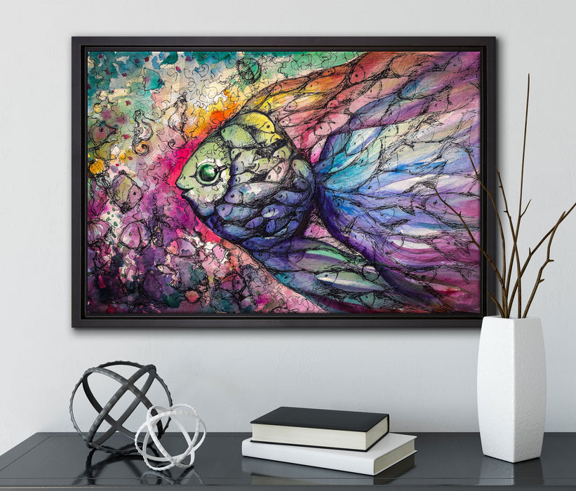 Bunte Fische Kunst auf Leinwandbild gerahmt mit Kirschblüten