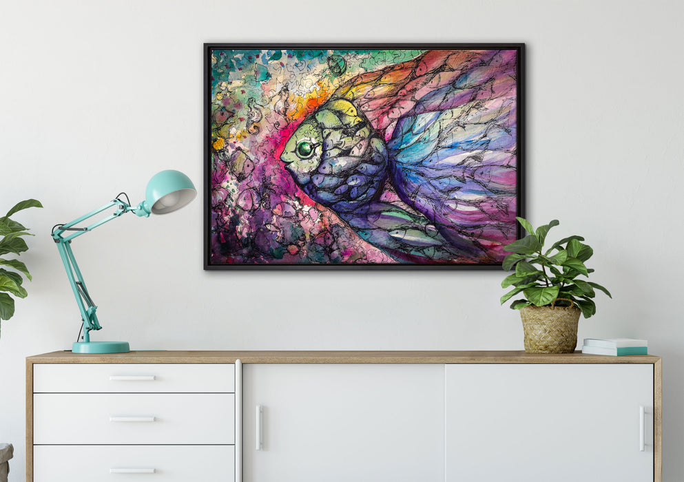 Bunte Fische Kunst auf Leinwandbild gerahmt verschiedene Größen im Wohnzimmer