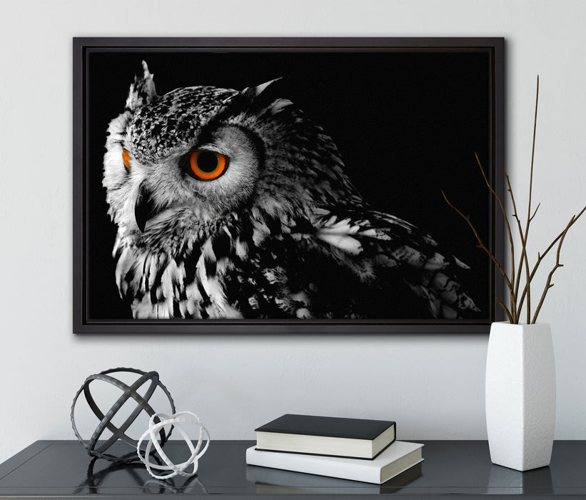 Dark Eule mit orangen Augen auf Leinwandbild gerahmt mit Kirschblüten