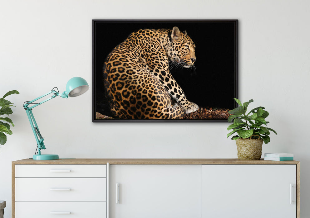 Anmutiger Leopard auf Leinwandbild gerahmt verschiedene Größen im Wohnzimmer