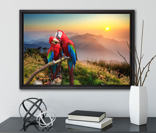 Papageien Pärchen auf Leinwandbild gerahmt mit Kirschblüten