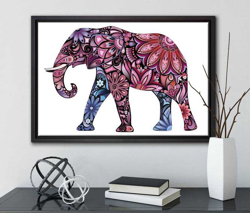 Elefant mit Ornamenten auf Leinwandbild gerahmt mit Kirschblüten