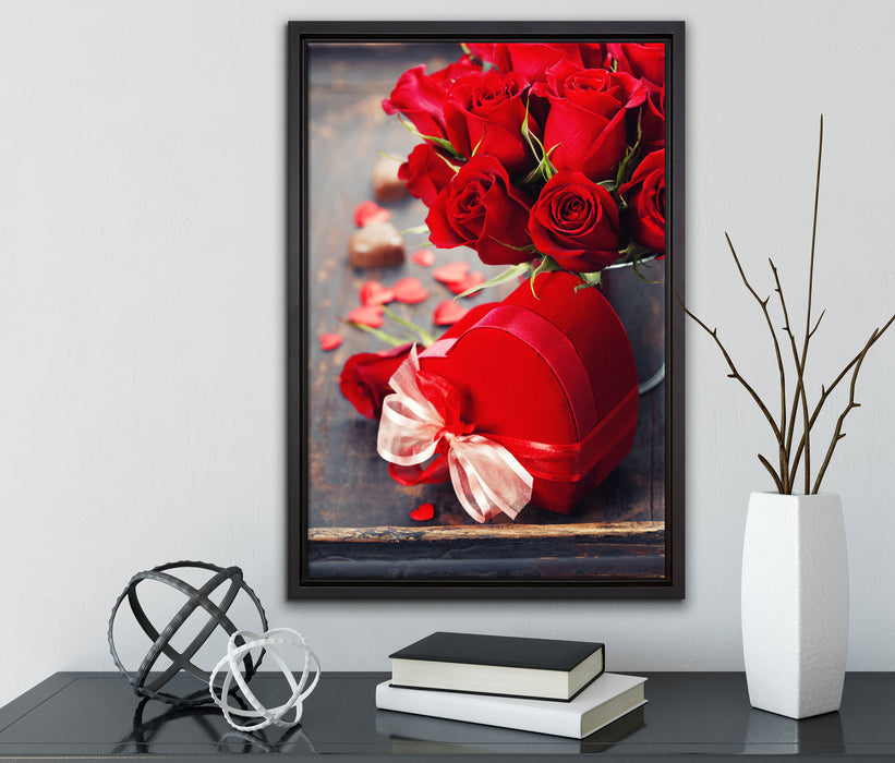 Rosen mit Herz auf Leinwandbild gerahmt mit Kirschblüten